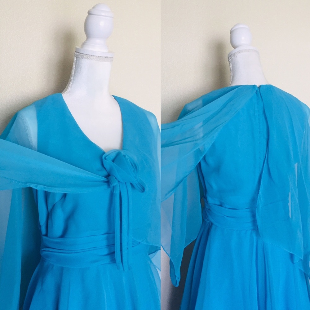 Iconic Vintage 60’s Chiffon Ruffled Blue Dress Sheer Evening Prom Mod Hipppie - Picture 2 of 8